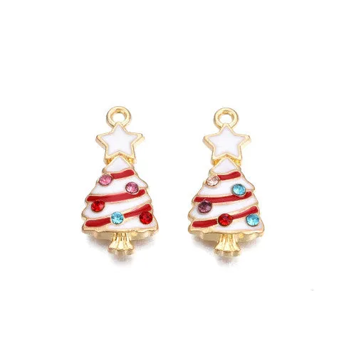 Pendants, Christmas Tree, Single-Sided, White, Red, Enameled, With Rhinestones, Light Gold Alloy, 23mm