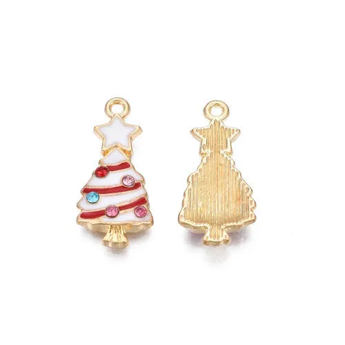 Pendants, Christmas Tree, Single-Sided, White, Red, Enameled, With Rhinestones, Light Gold Alloy, 23mm