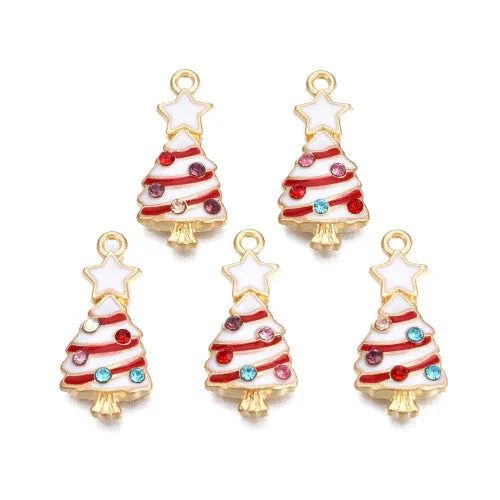 Pendants, Christmas Tree, Single-Sided, White, Red, Enameled, With Rhinestones, Light Gold Alloy, 23mm