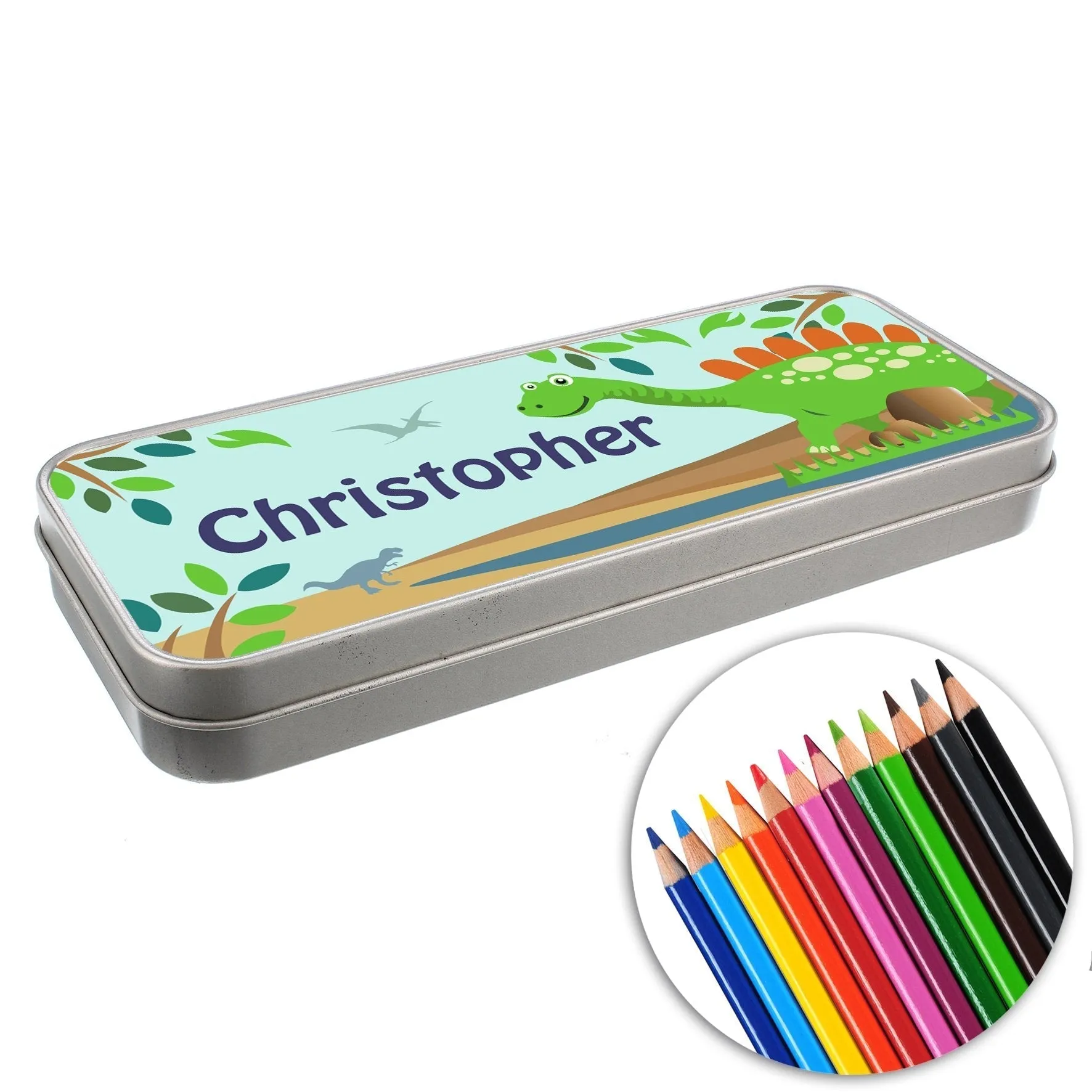 Personalised Dinosaur Pencil Tin with Pencil Crayons