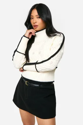 Petite Cable Knit Contrast Detail High Neck Sweater