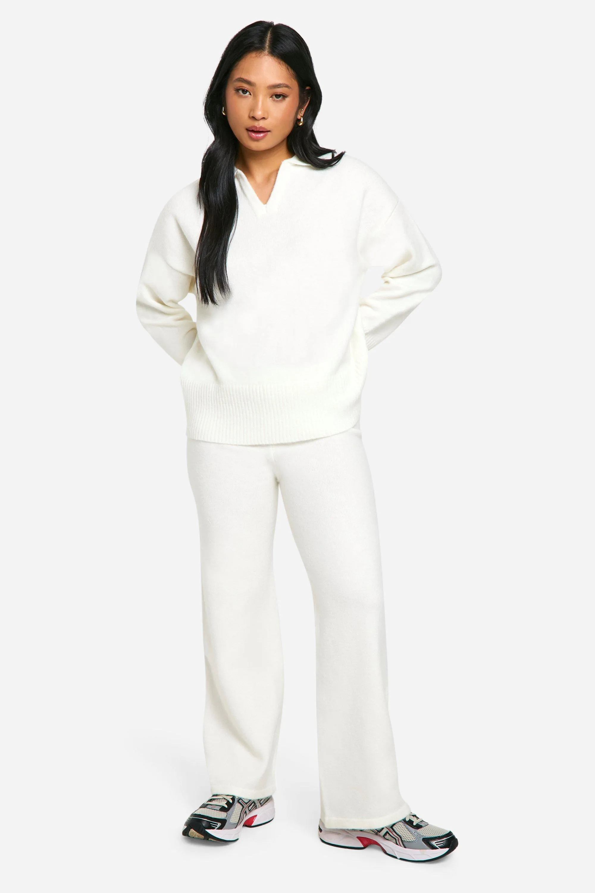 Petite Plain Cream Knitted Collared Sweater And Pants Two-Piece