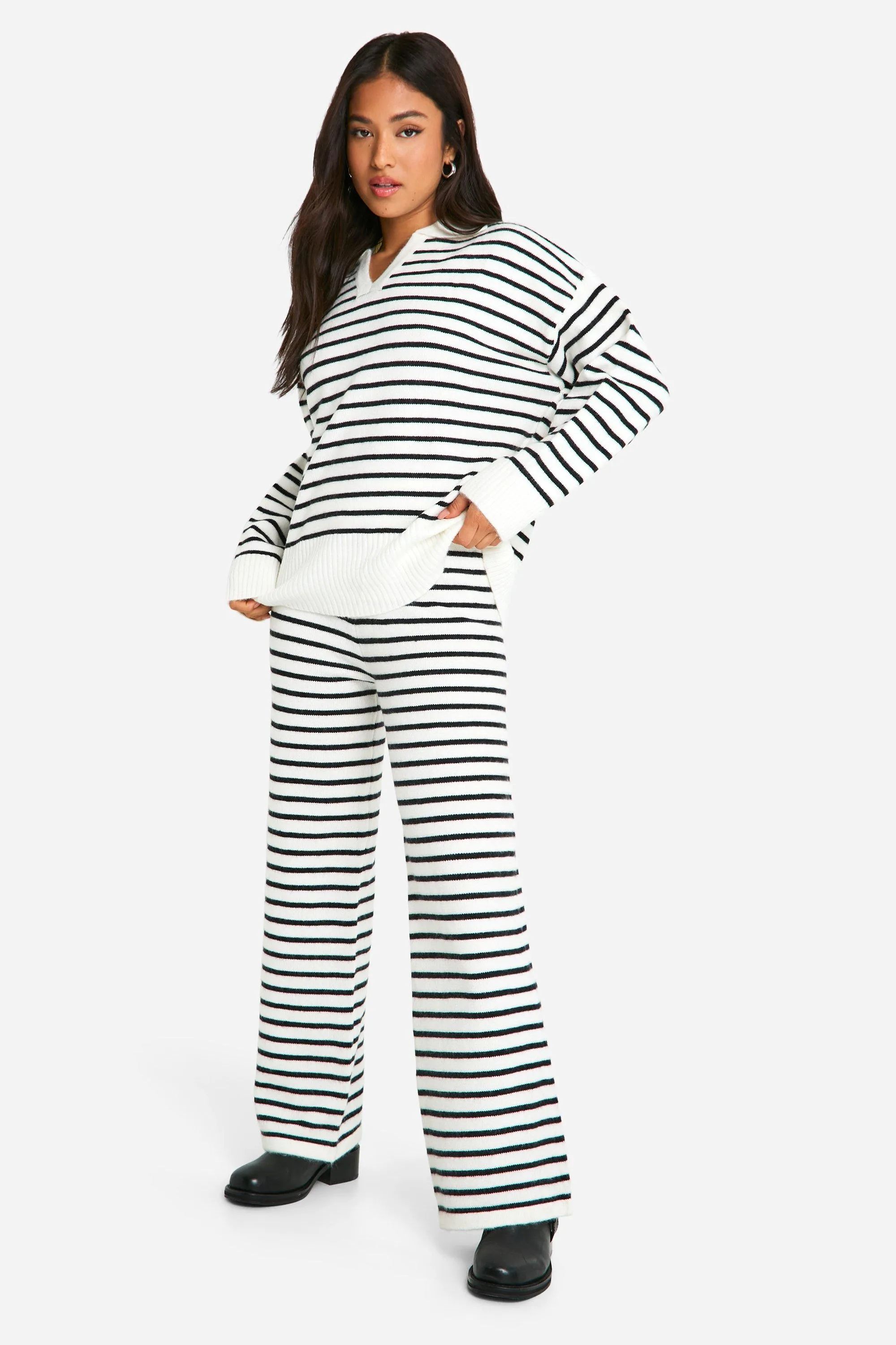 Petite Stripe Knitted Collared Sweater And Pants Two-Piece