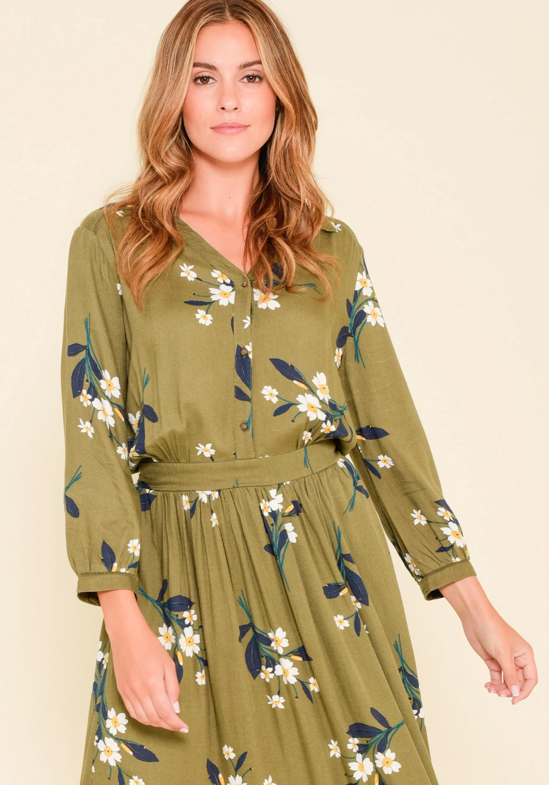 Primrose Olive Maxi Shirt Dress