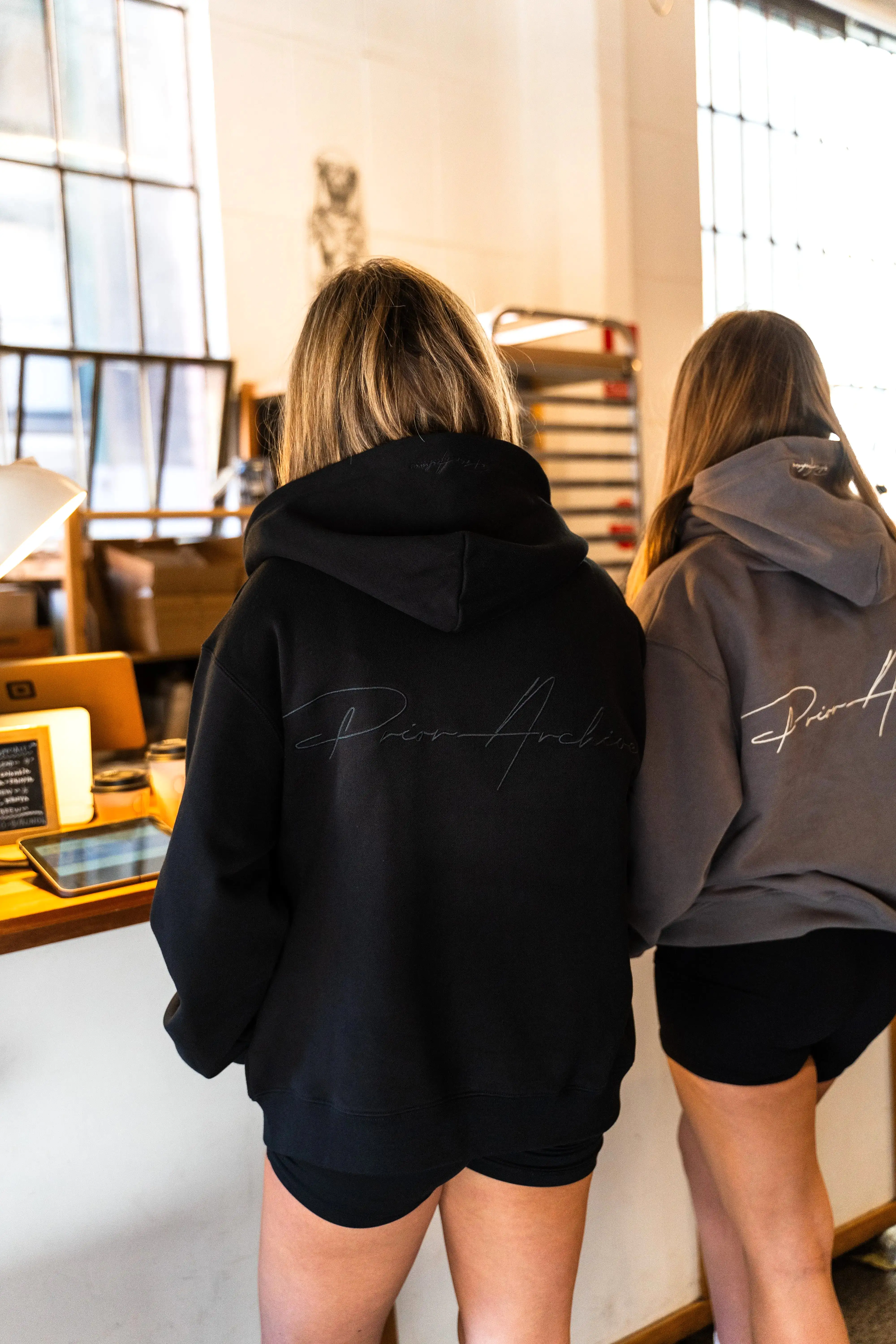 Prior Black Collection Embroidery Logo Oversized Double Zip-Up Hoodie Onyx