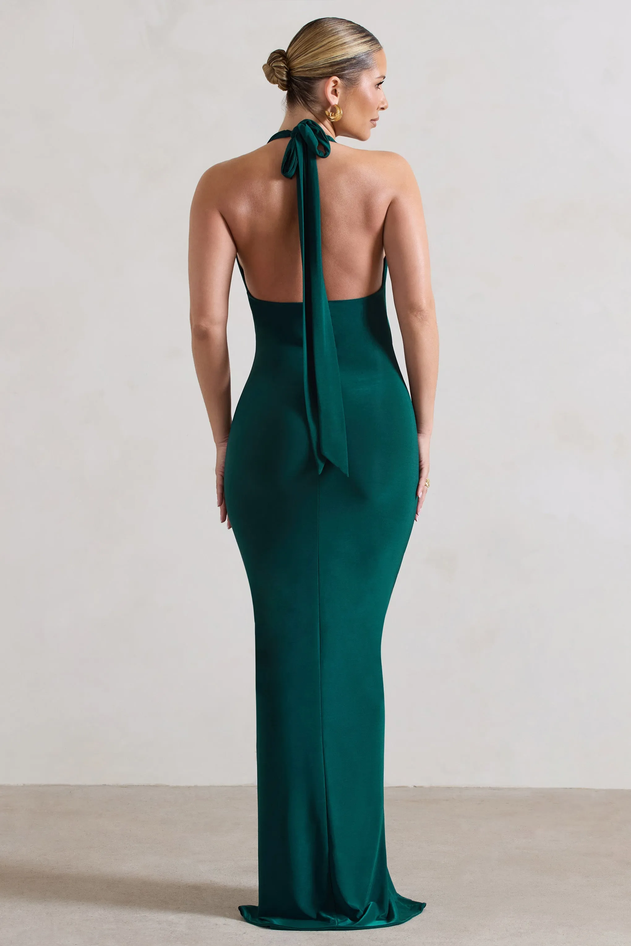 Rachel | Bottle Green Ruched Halter-Neck Split Maxi Dress