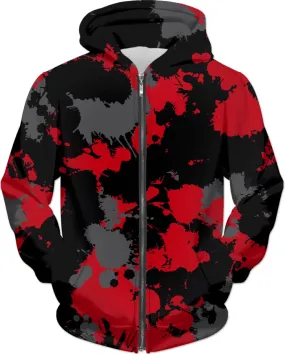 Red Grey and Black Paint Splatter Zip-Up Hoodie