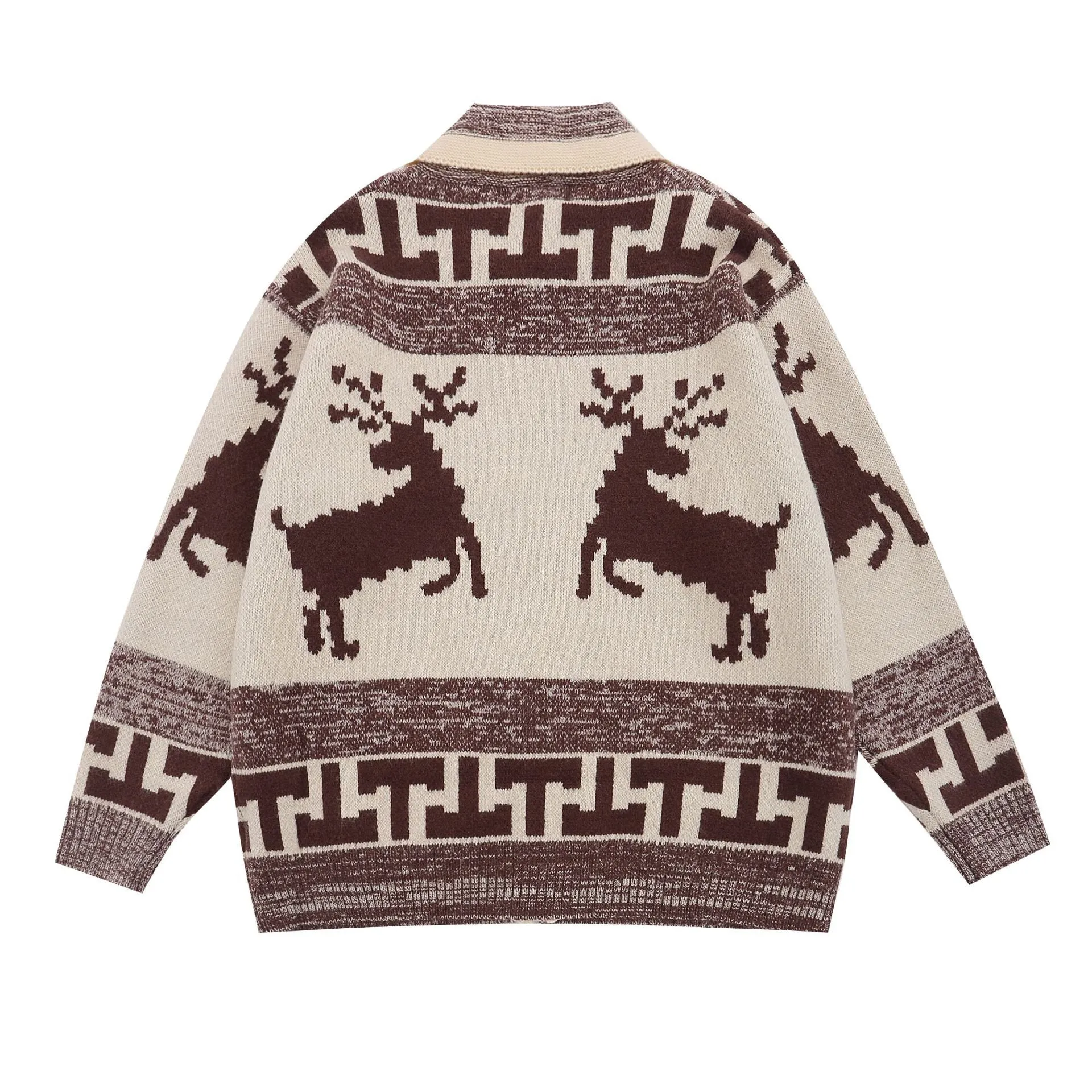 Retro Elk Jacquard Lapel Cardigan Sweater