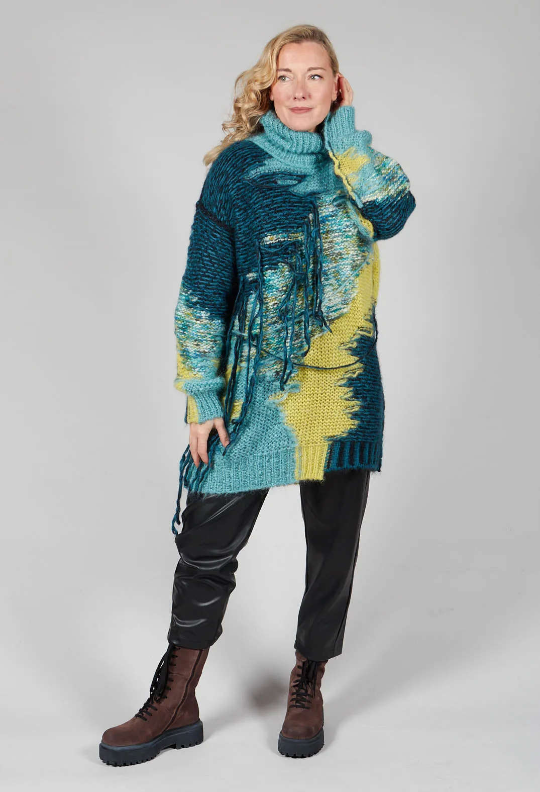 Roll Neck Jumper with Fringe Detail in Turquoise