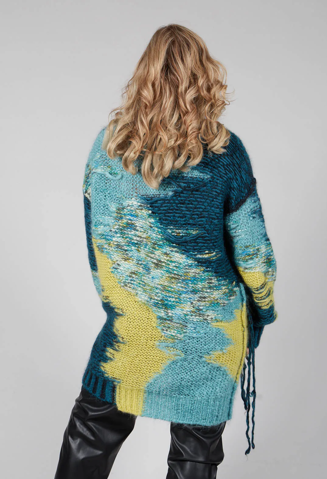 Roll Neck Jumper with Fringe Detail in Turquoise