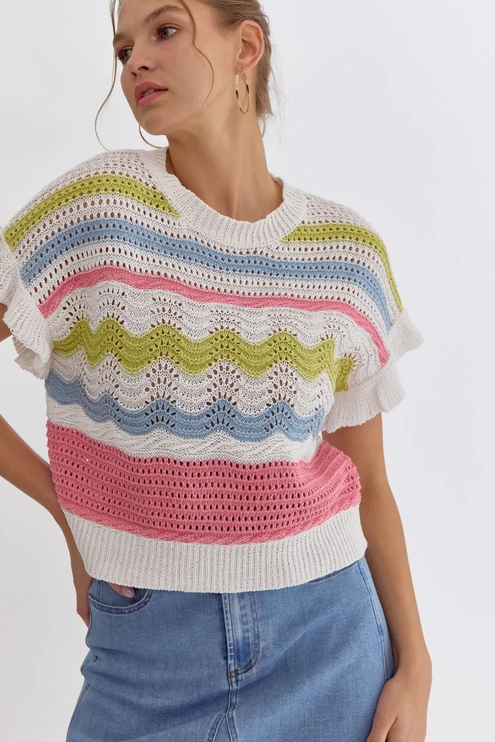 Ruffle Sleeve Colorblock Crochet Knitted Cropped Sweater