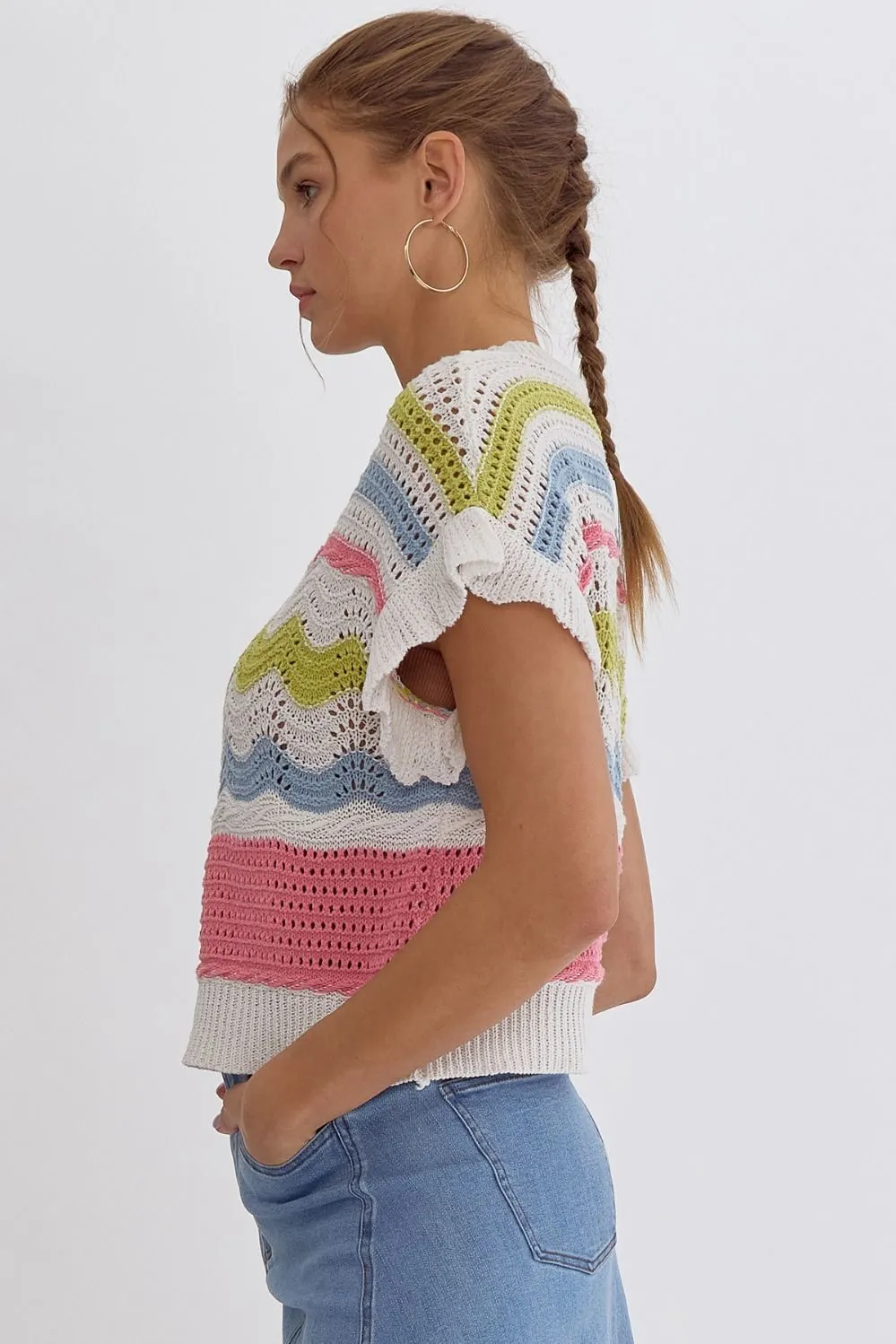 Ruffle Sleeve Colorblock Crochet Knitted Cropped Sweater