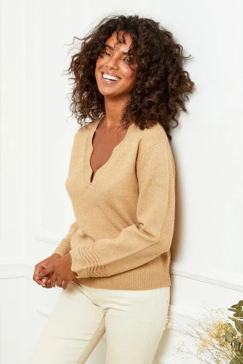 Scallop Trimmed Knit Jumper in Camel