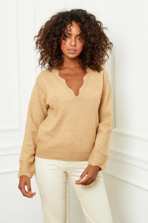 Scallop Trimmed Knit Jumper in Camel