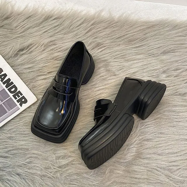 Square-Toe Platform Block Heel Loafers cc35