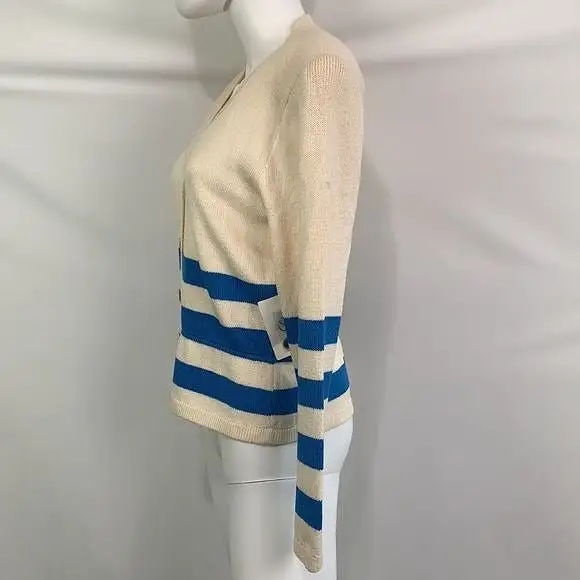 St.JohnNWT cream blue striped knit cardigan