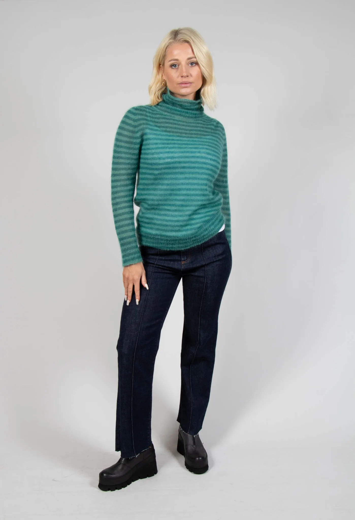 Striped Turtleneck Sweater in Teal Green