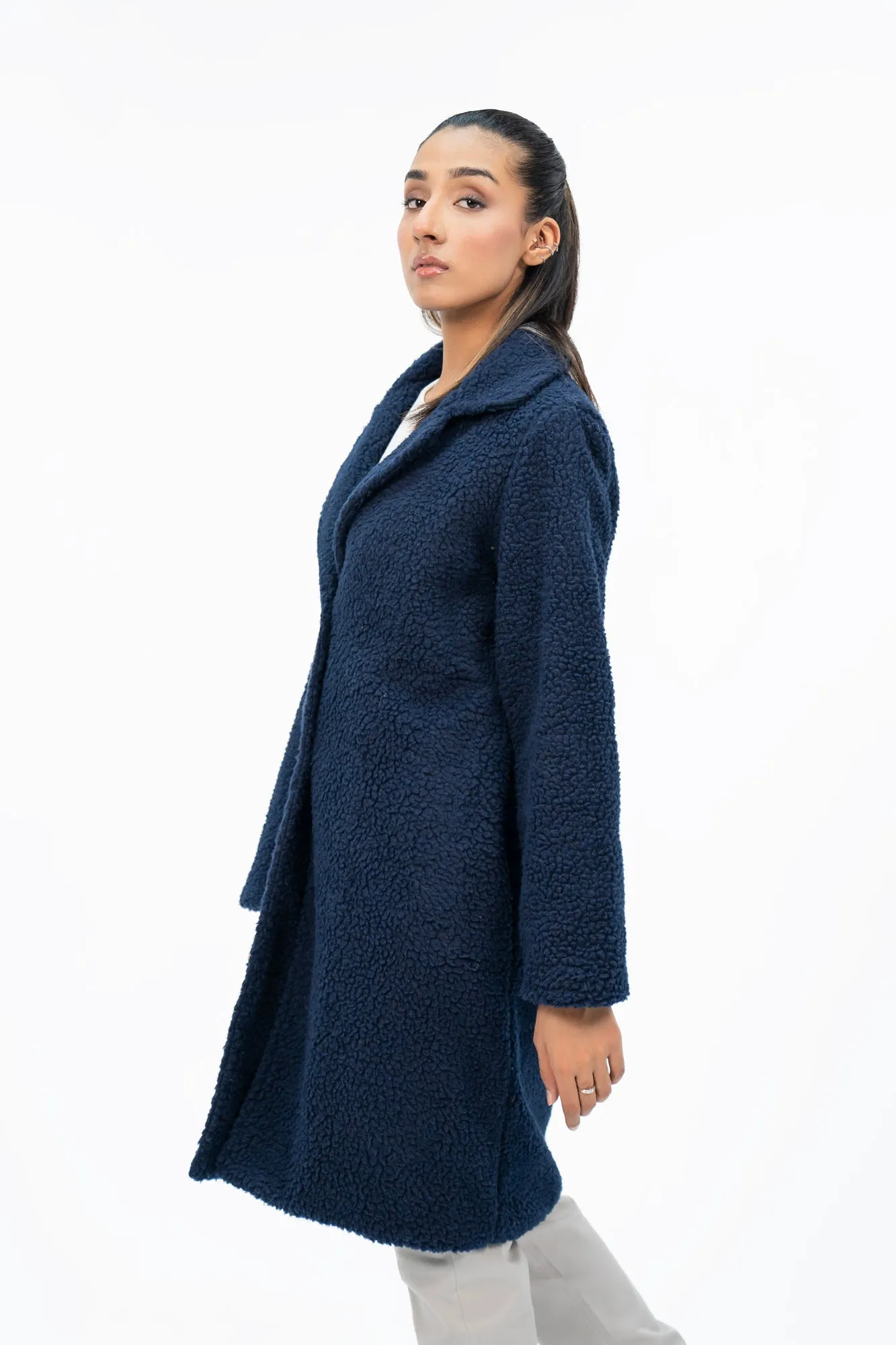 Teddy Faux Fur Oversized Coat - Navy Blue