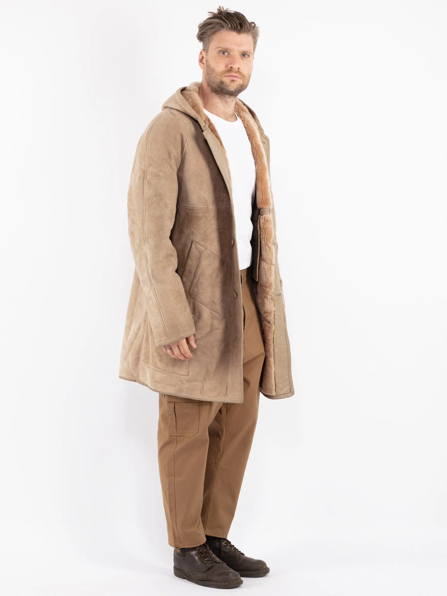 Vintage 70's Men Hooded Sheepskin Coat in Beige