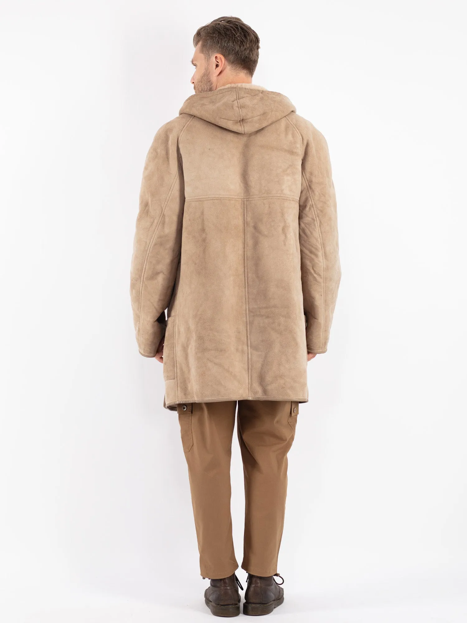 Vintage 70's Men Hooded Sheepskin Coat in Beige