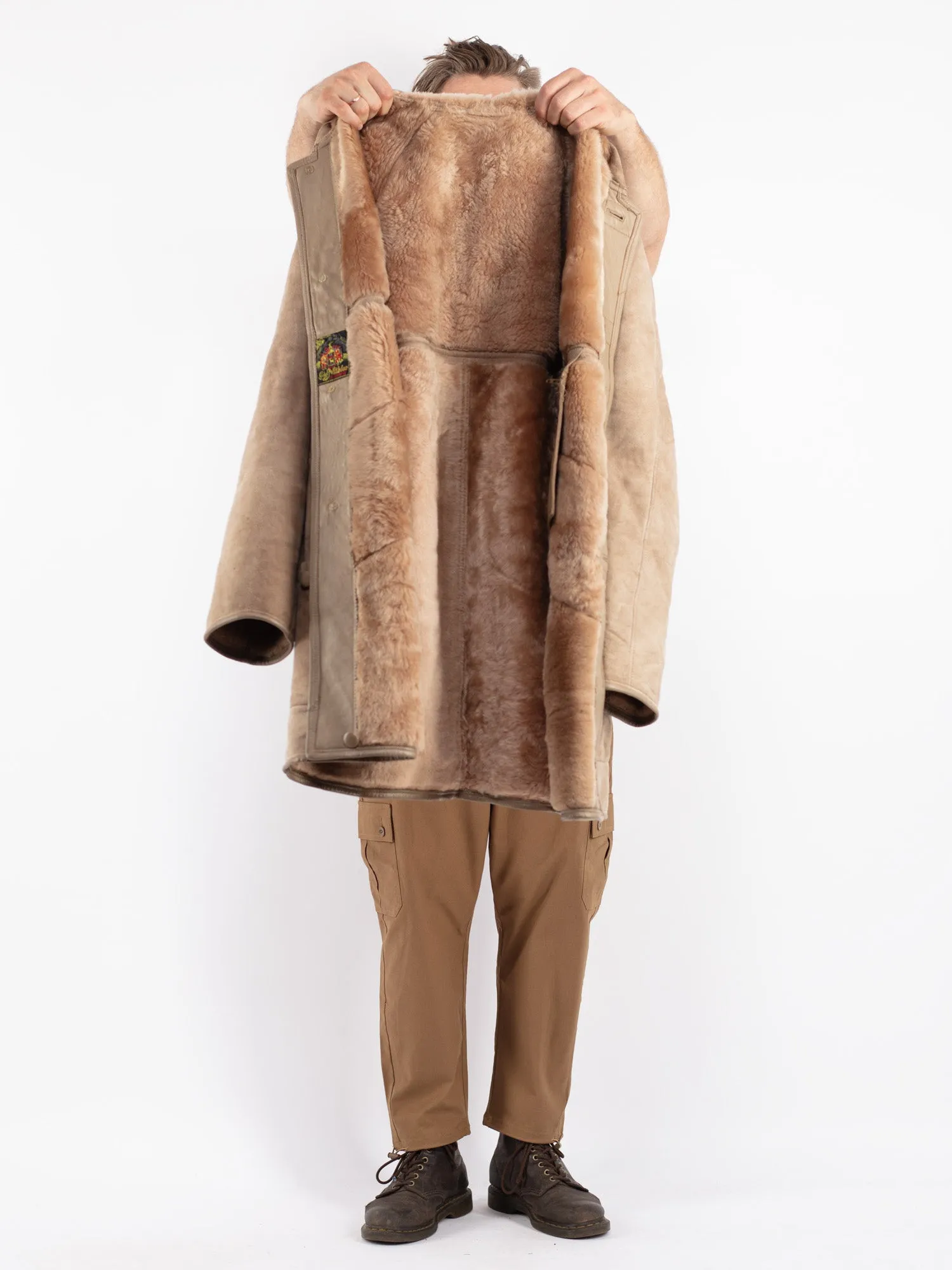 Vintage 70's Men Hooded Sheepskin Coat in Beige