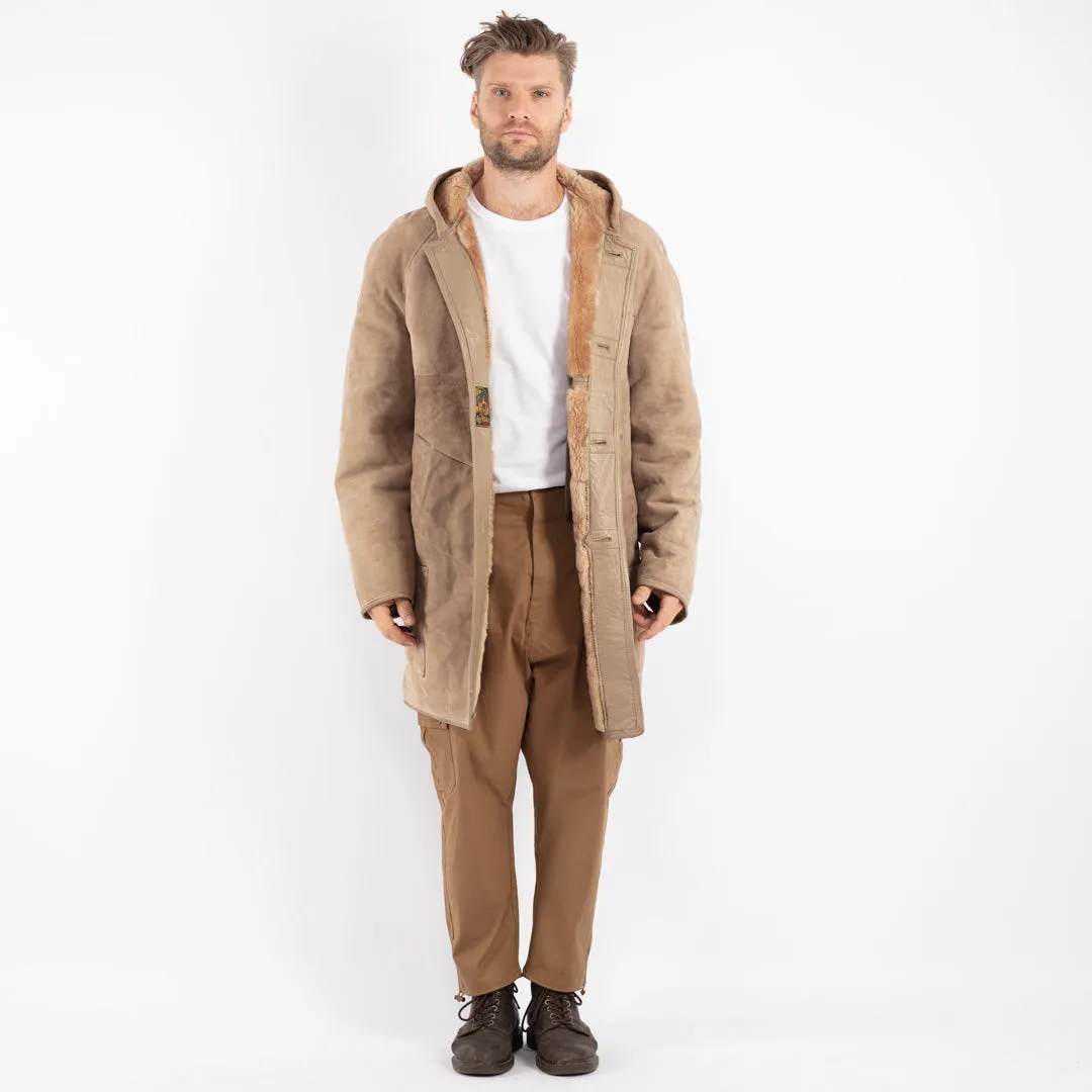 Vintage 70's Men Hooded Sheepskin Coat in Beige