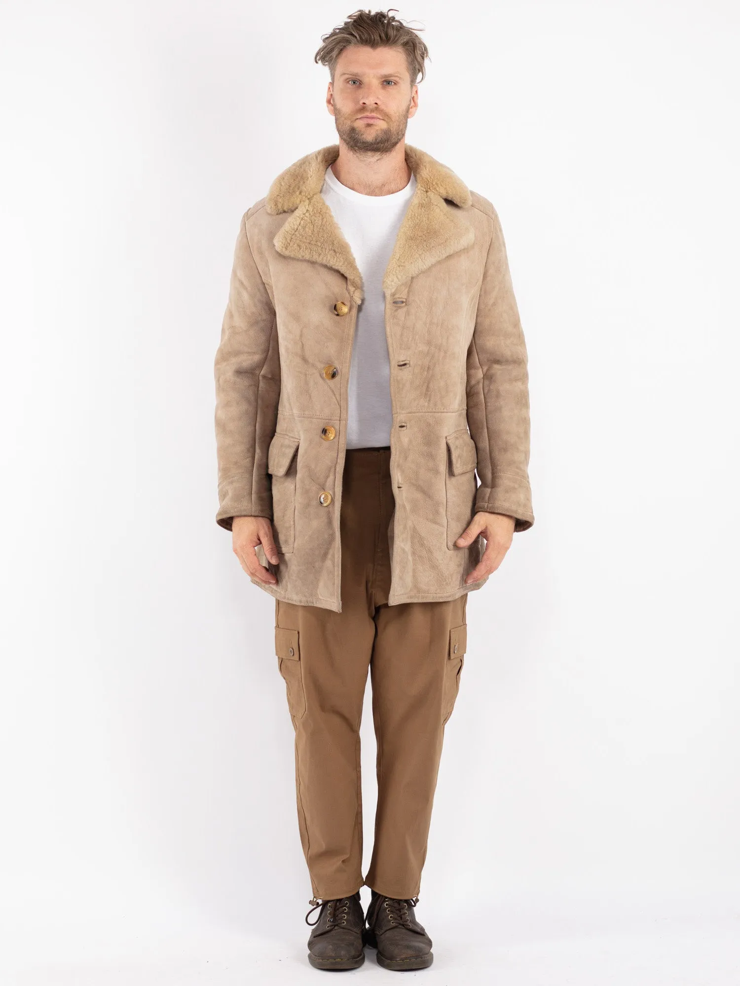 Vintage 70's Men Sheepskin Coat in Beige