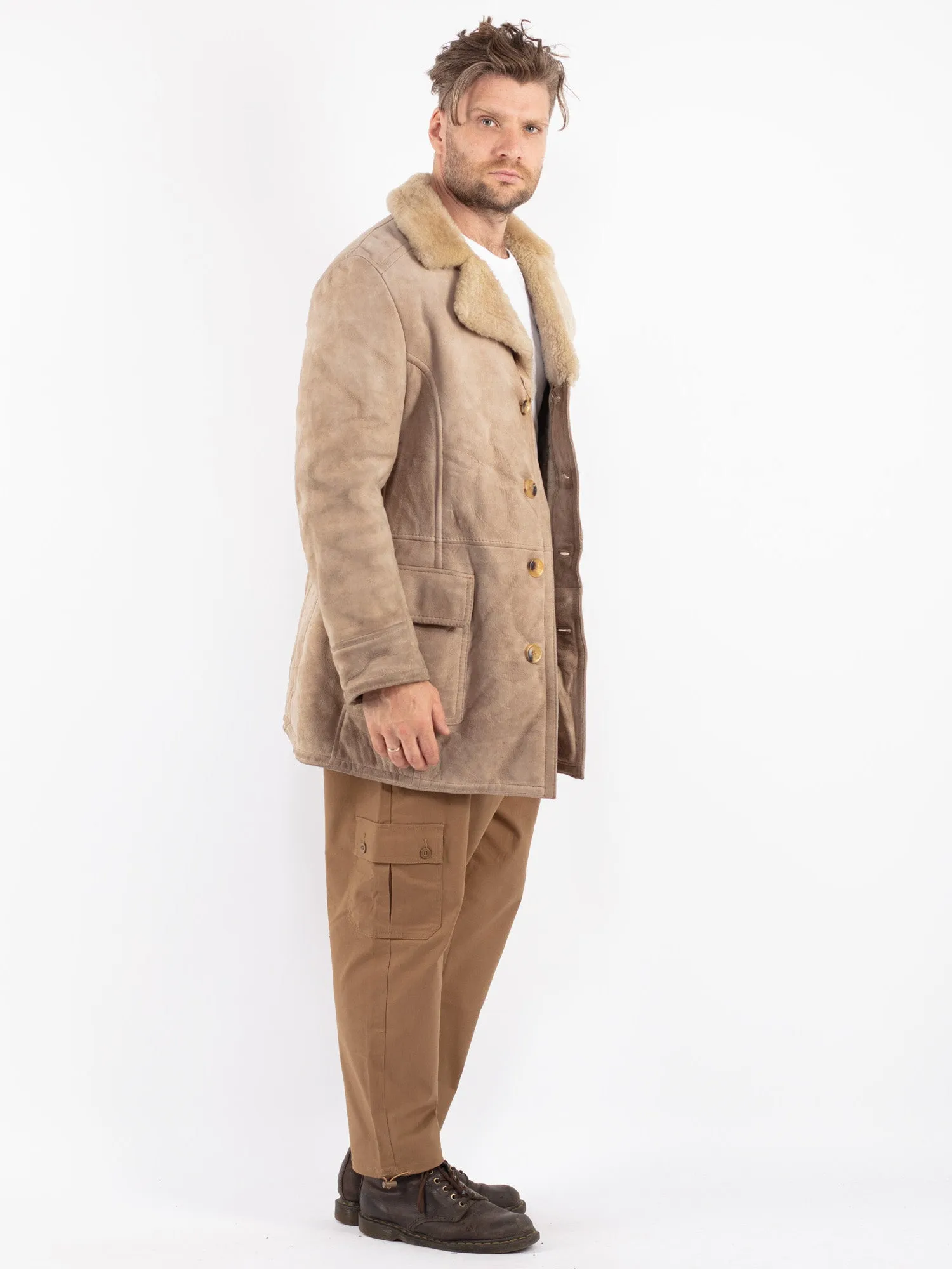 Vintage 70's Men Sheepskin Coat in Beige