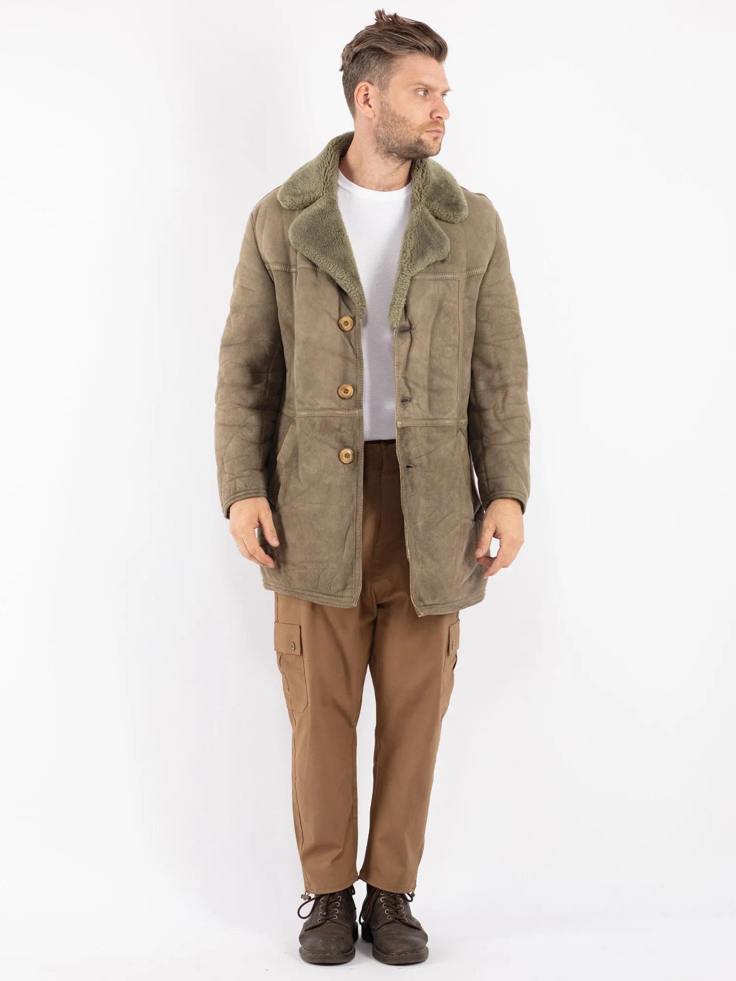 Vintage 70's Men Sheepskin Coat in Sage Green