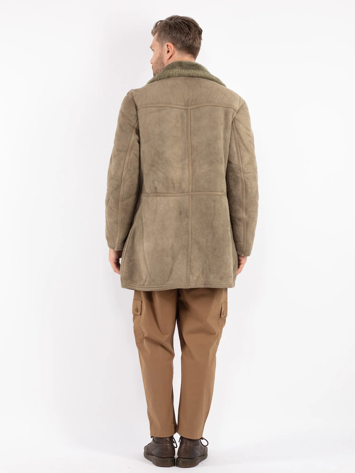 Vintage 70's Men Sheepskin Coat in Sage Green