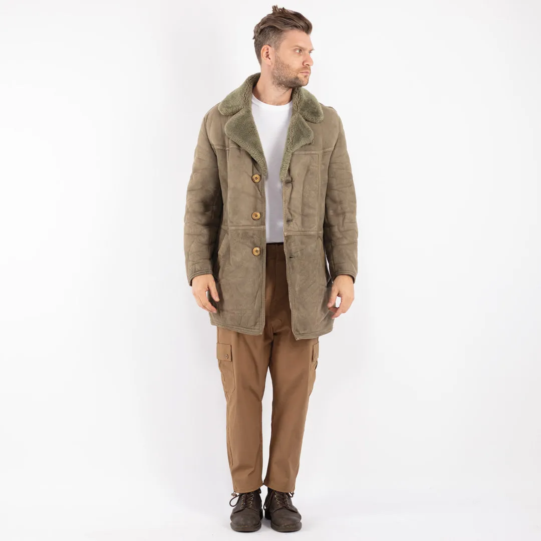 Vintage 70's Men Sheepskin Coat in Sage Green