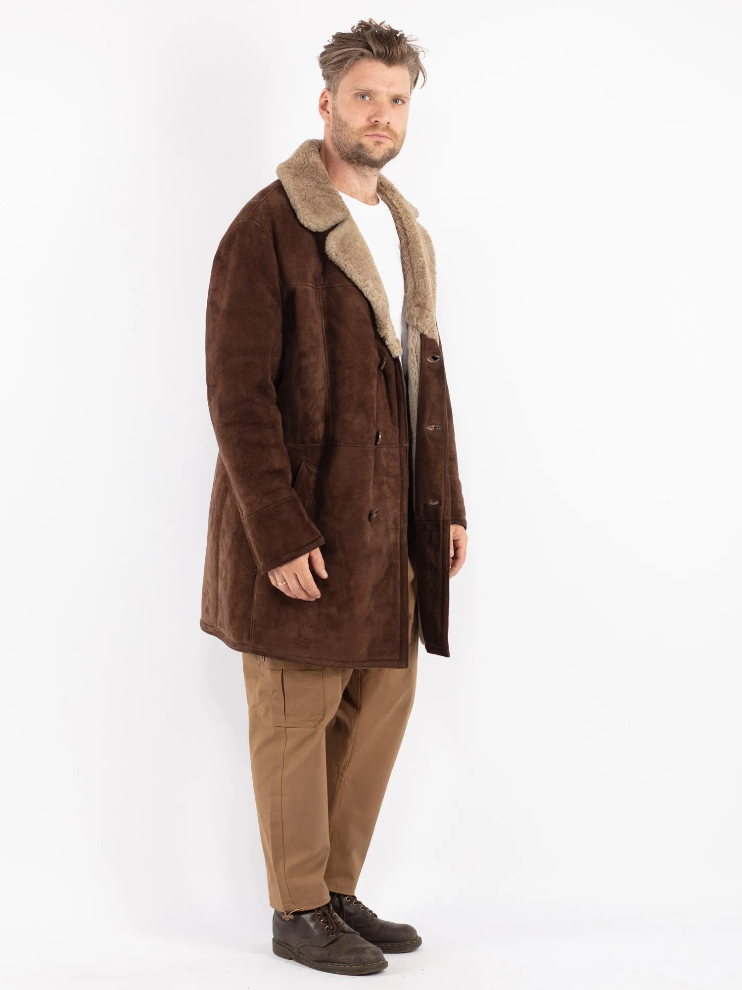 Vintage 70's Men Sheepskin Shearling Coat in Brown