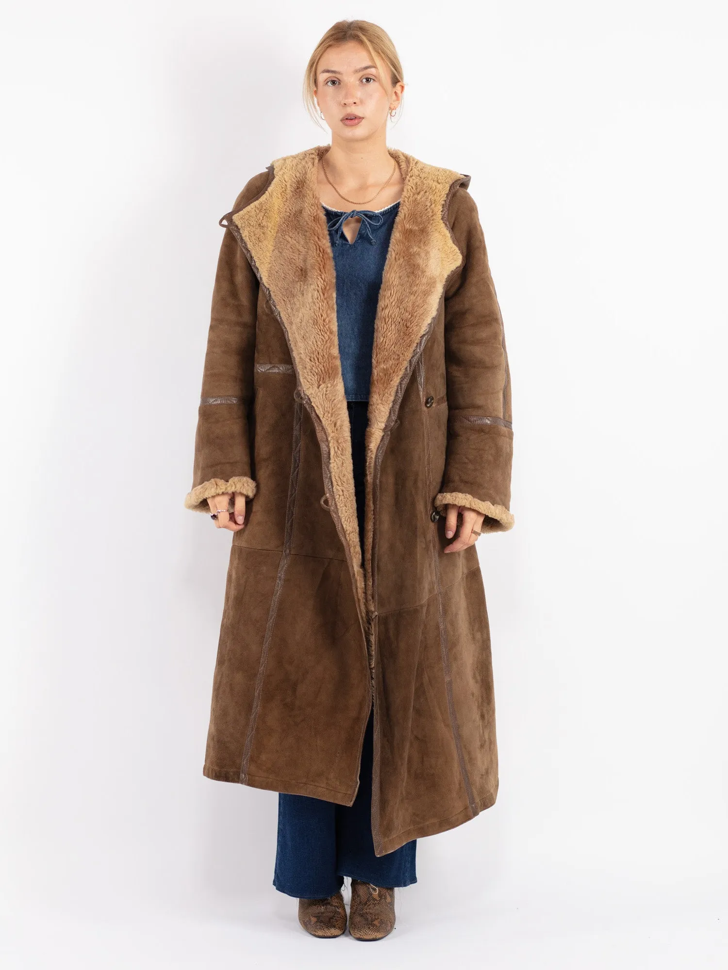 Vintage 70's Women Hooded Sheepskin Long Coat in Brown