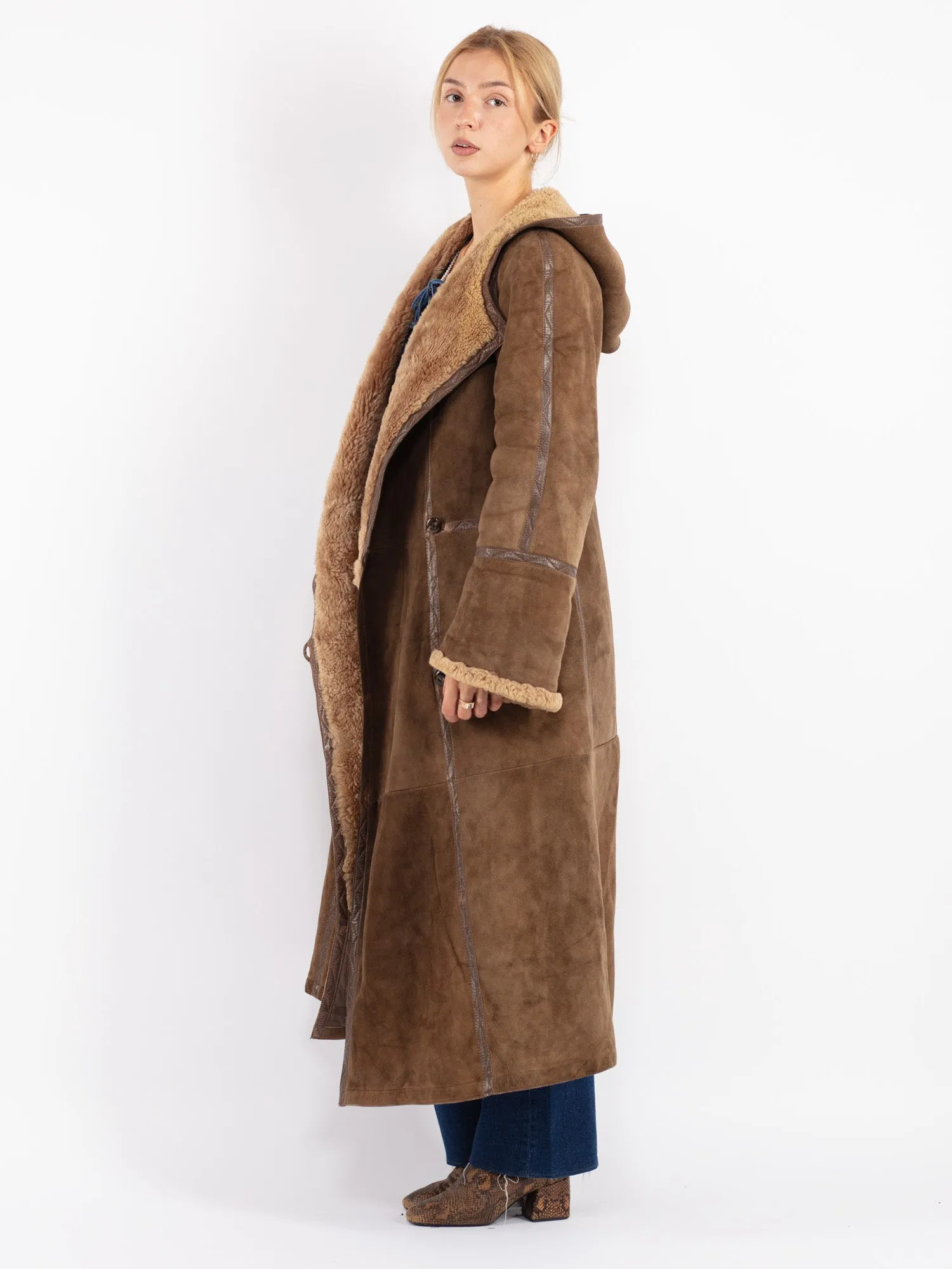 Vintage 70's Women Hooded Sheepskin Long Coat in Brown