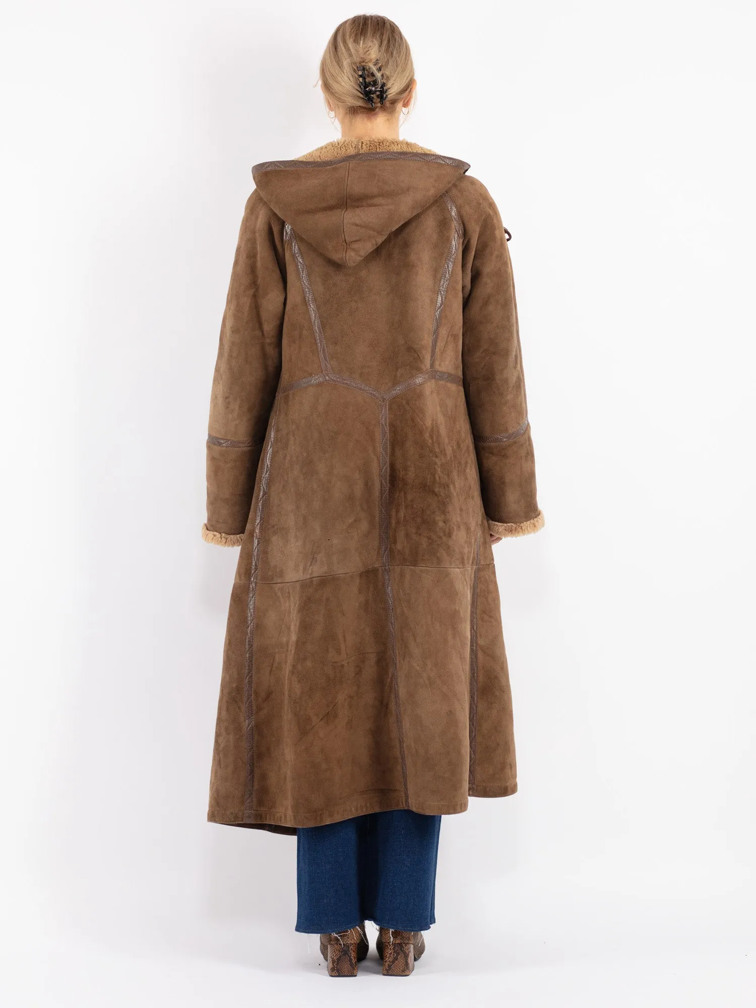 Vintage 70's Women Hooded Sheepskin Long Coat in Brown