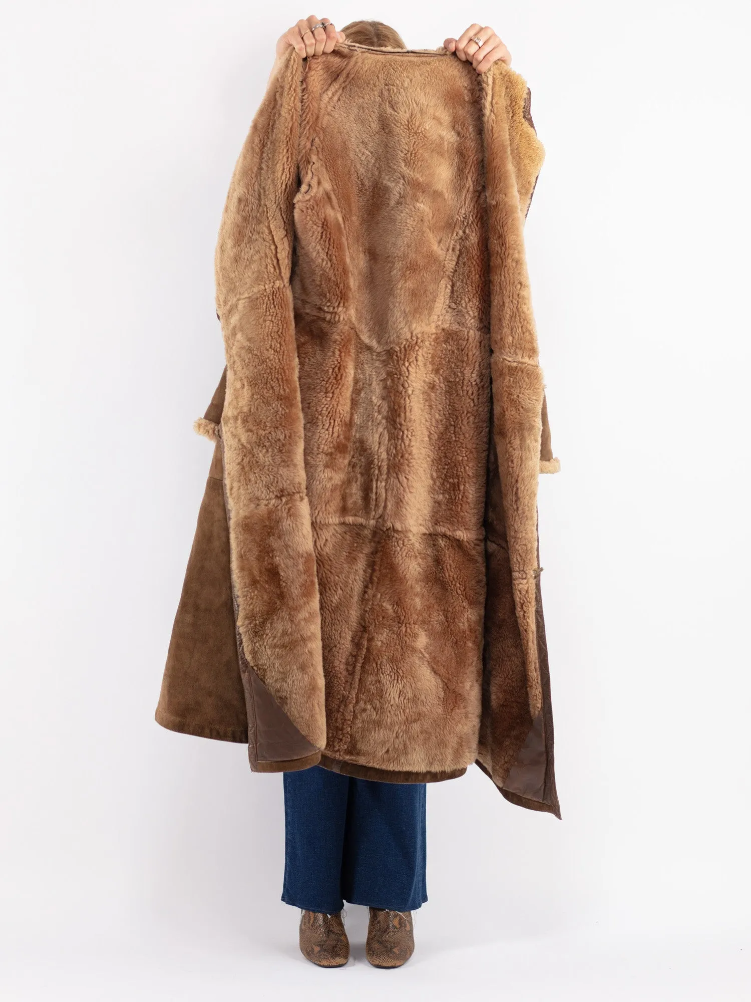 Vintage 70's Women Hooded Sheepskin Long Coat in Brown