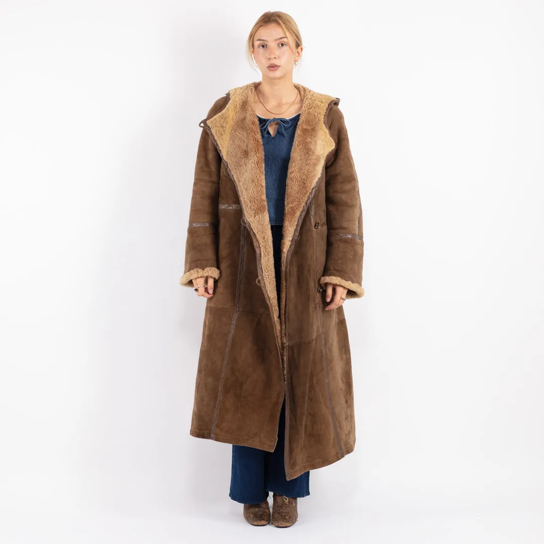 Vintage 70's Women Hooded Sheepskin Long Coat in Brown