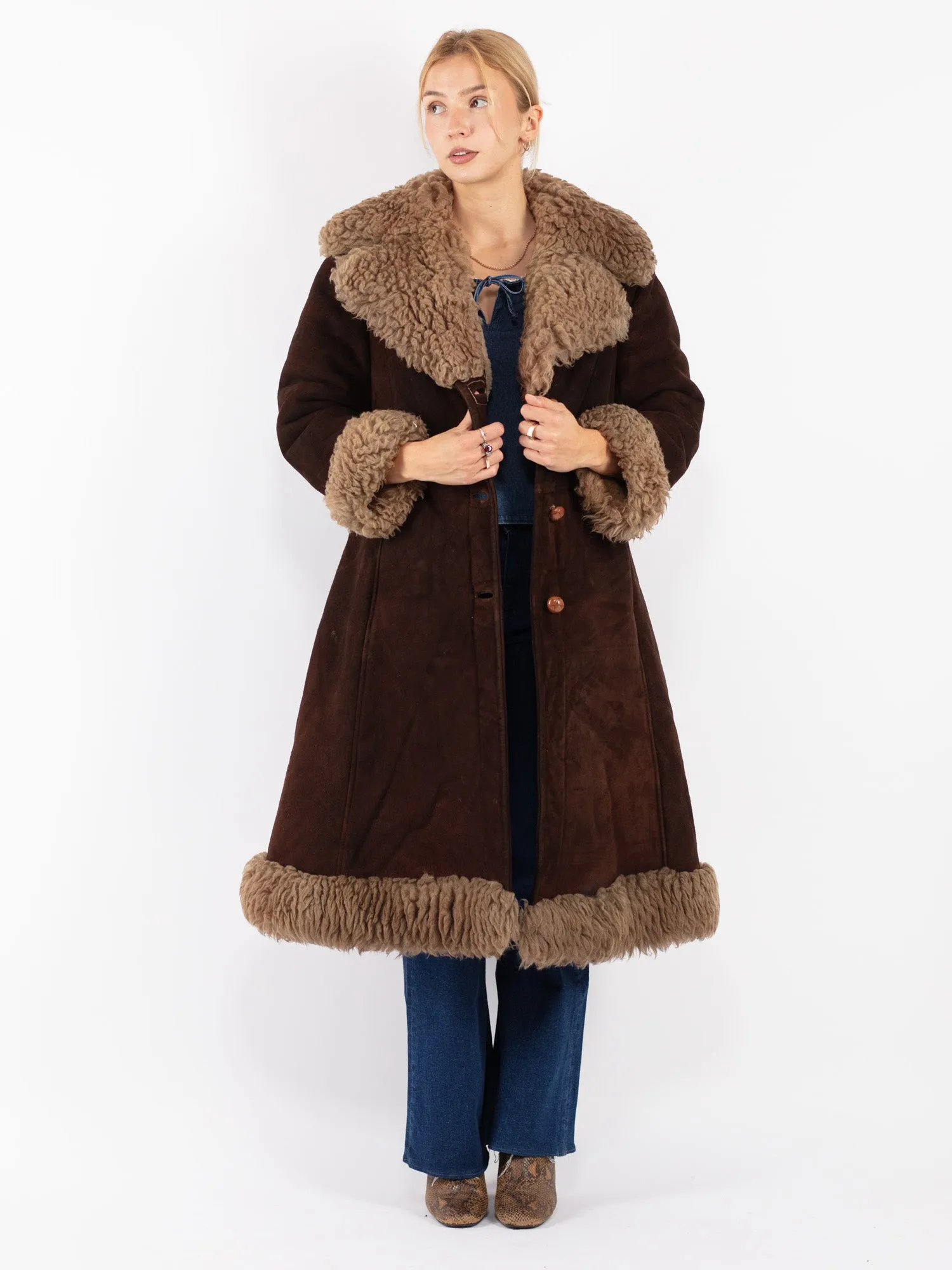 Vintage 70's Women Penny Lane Sheepskin Coat in Brown