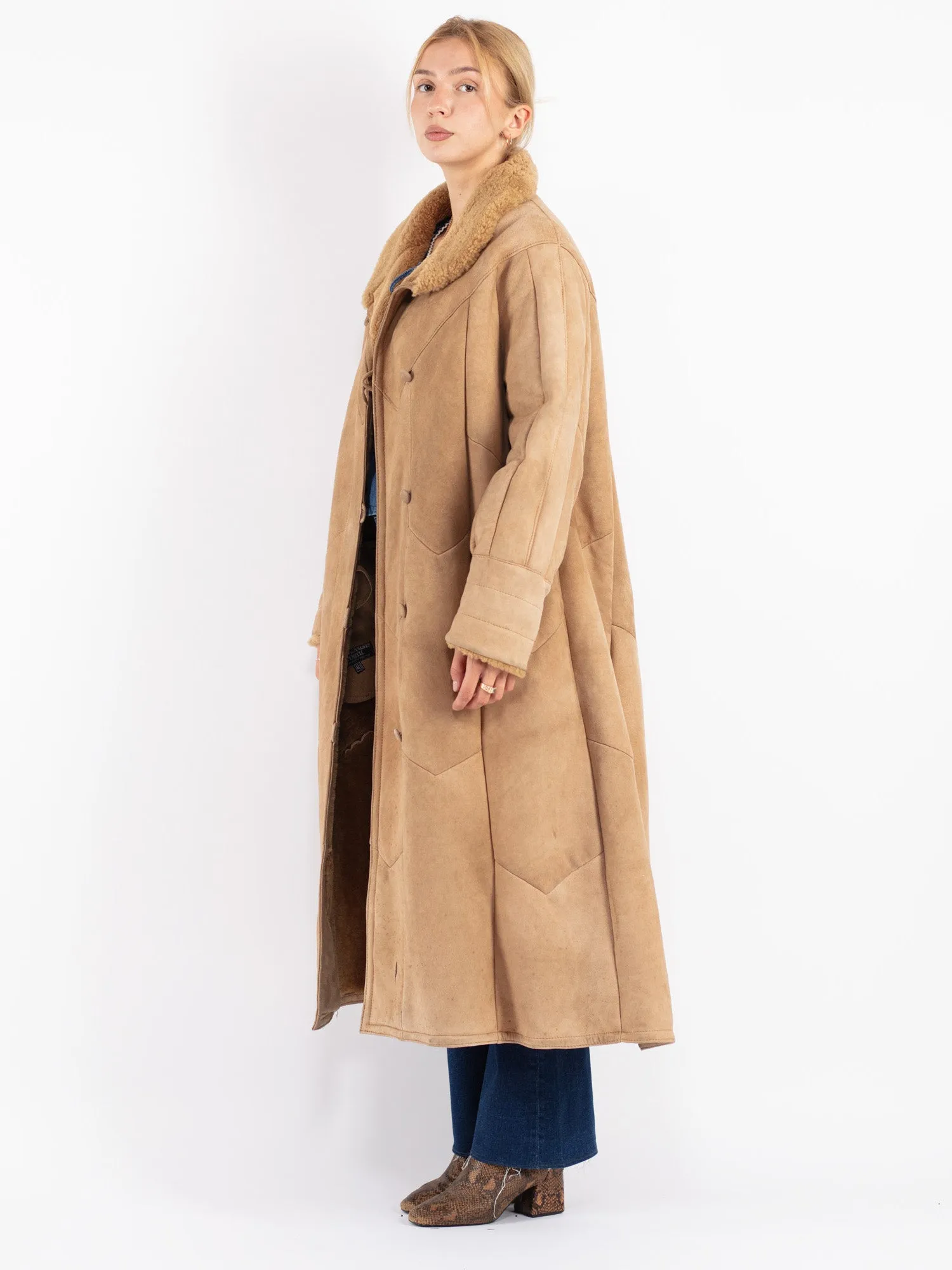 Vintage 70's Women Sheepskin Long Coat in Beige