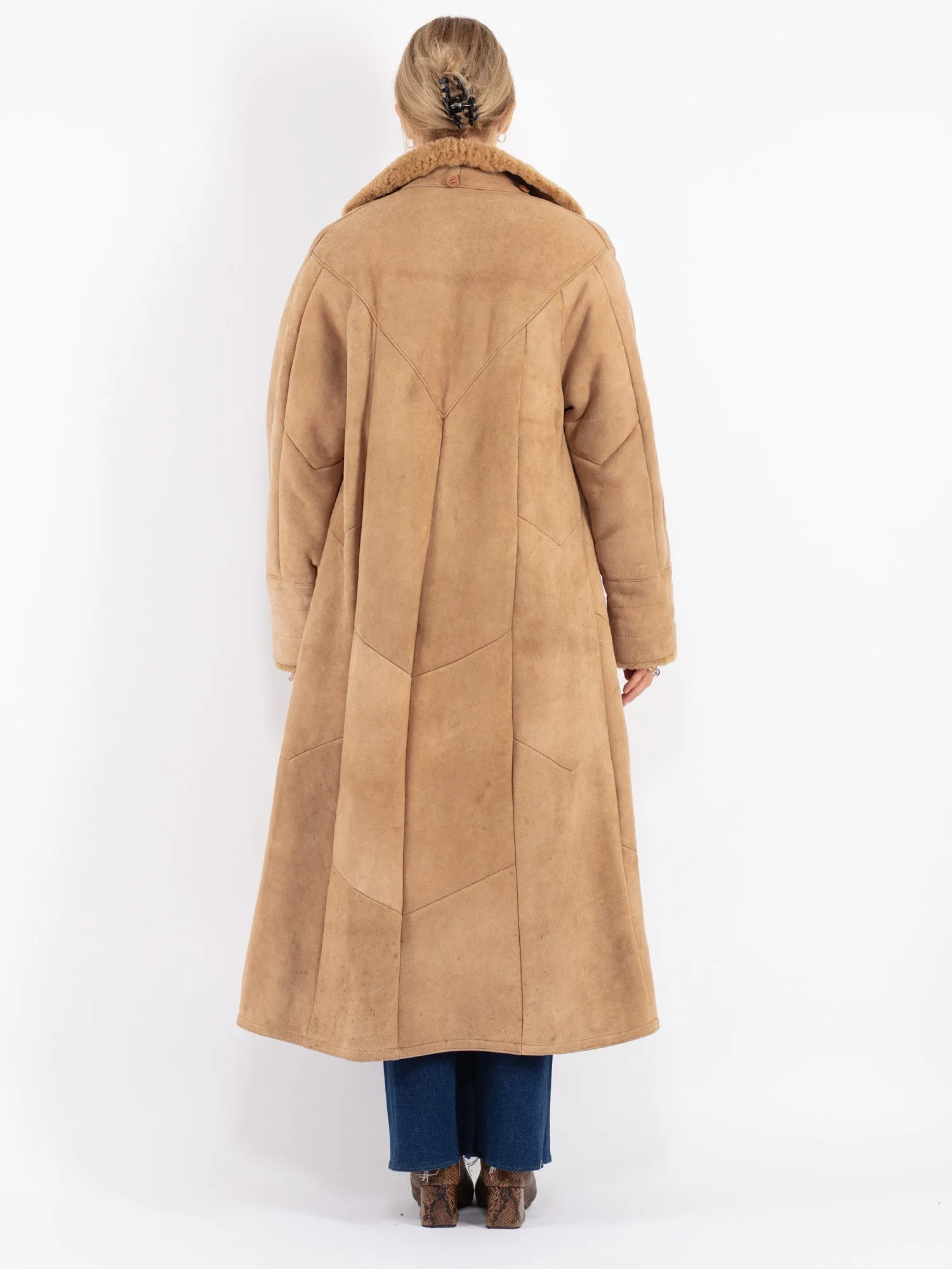 Vintage 70's Women Sheepskin Long Coat in Beige