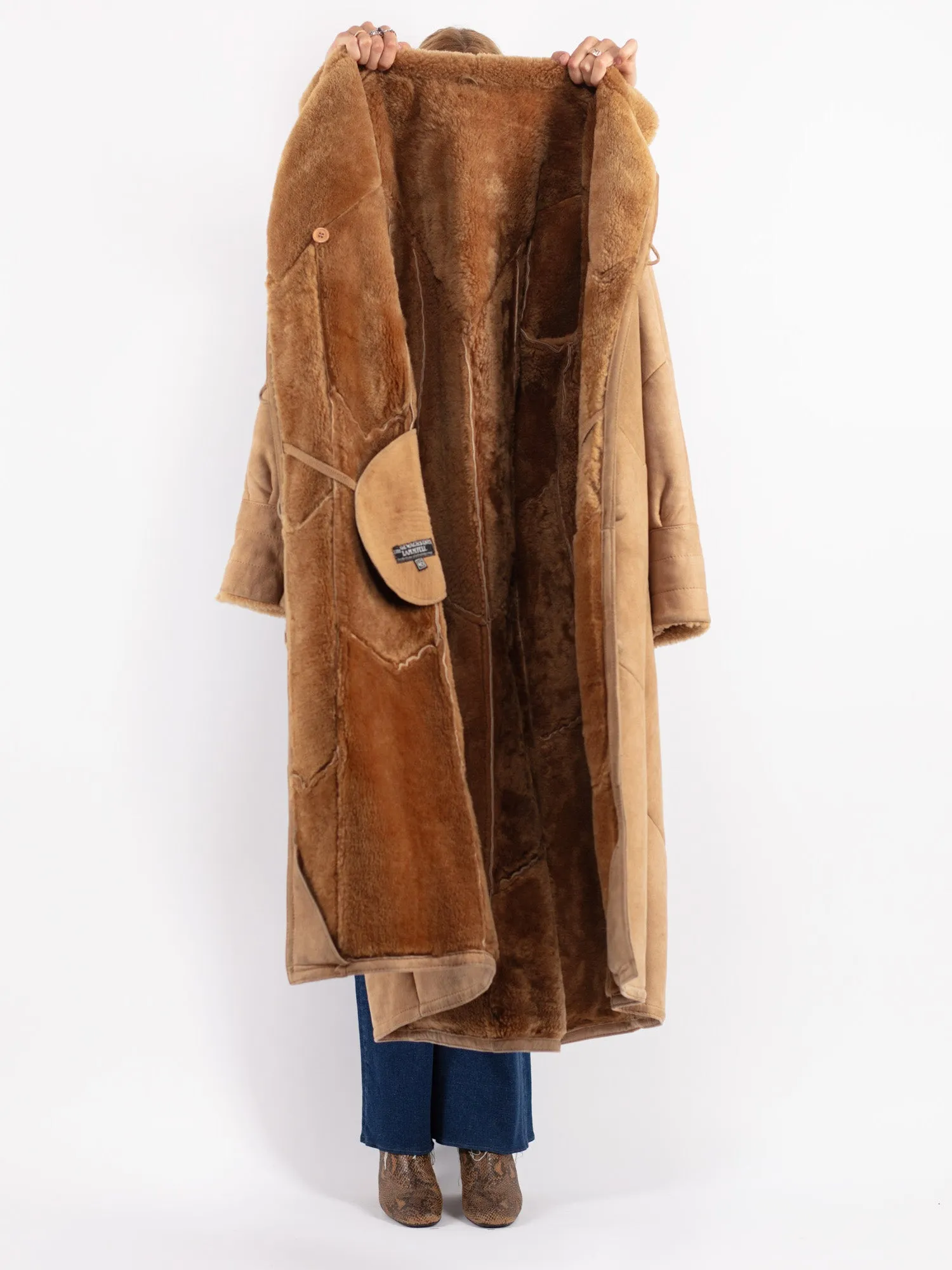 Vintage 70's Women Sheepskin Long Coat in Beige