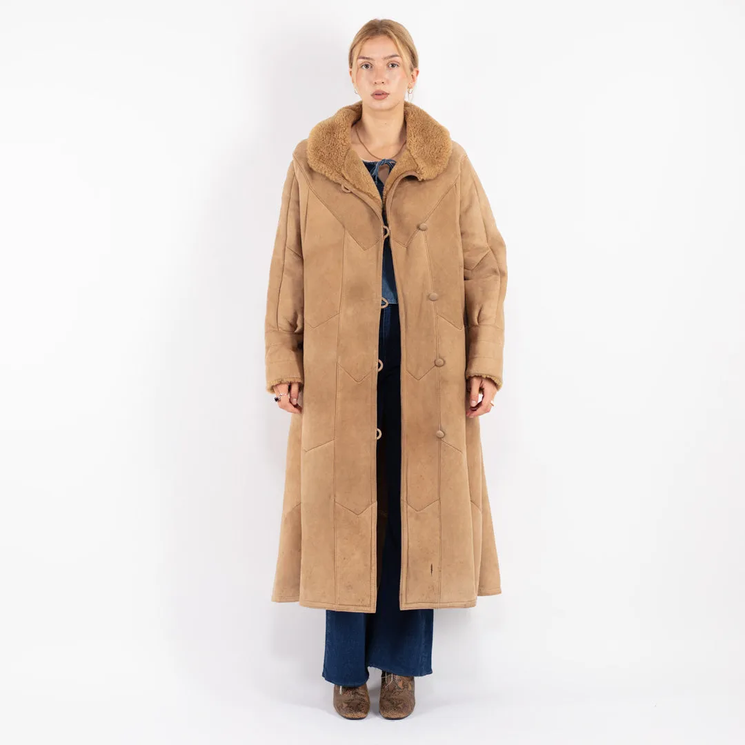 Vintage 70's Women Sheepskin Long Coat in Beige