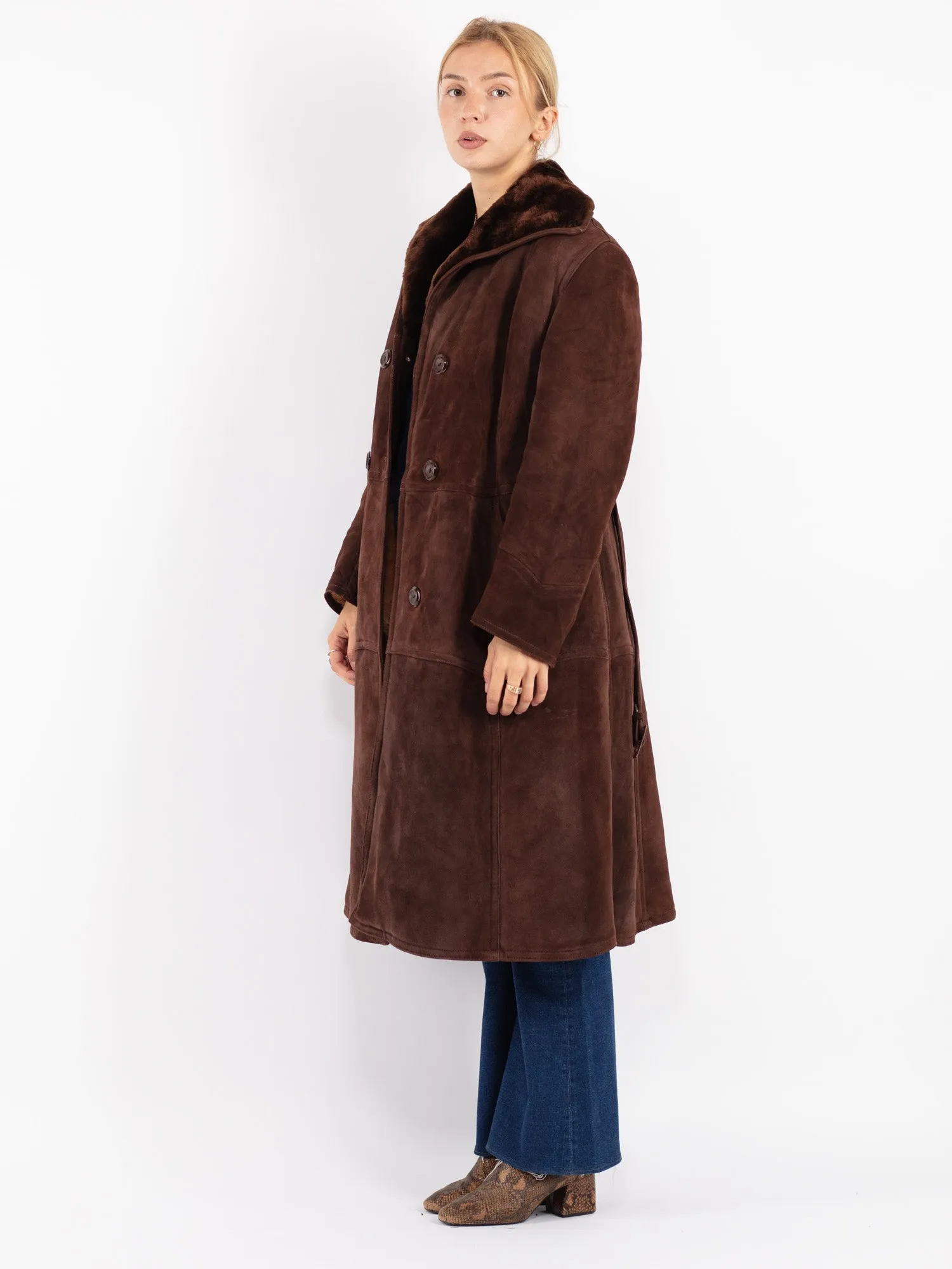 Vintage 70's Women Sheepskin Long Coat in Brown