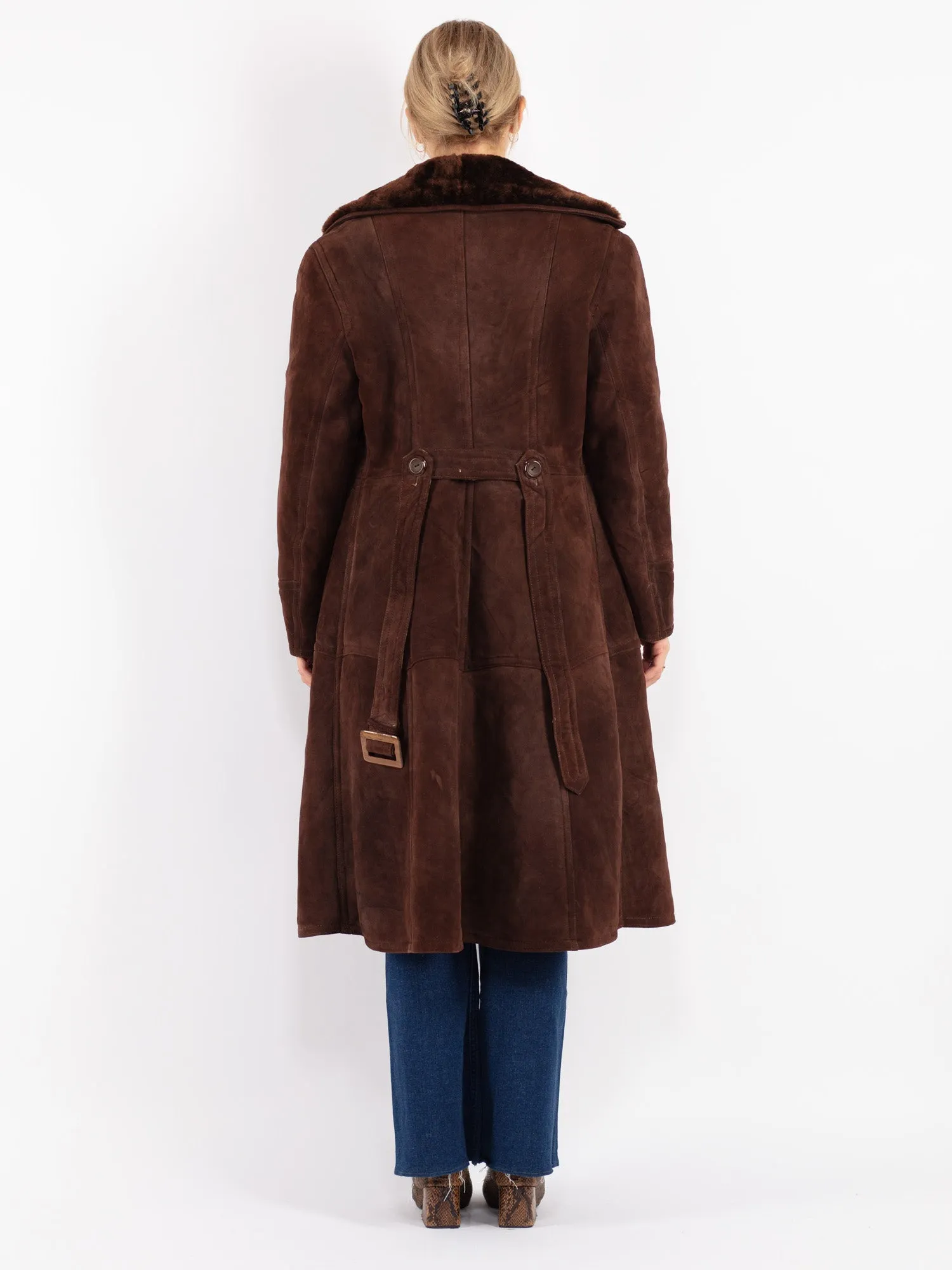 Vintage 70's Women Sheepskin Long Coat in Brown