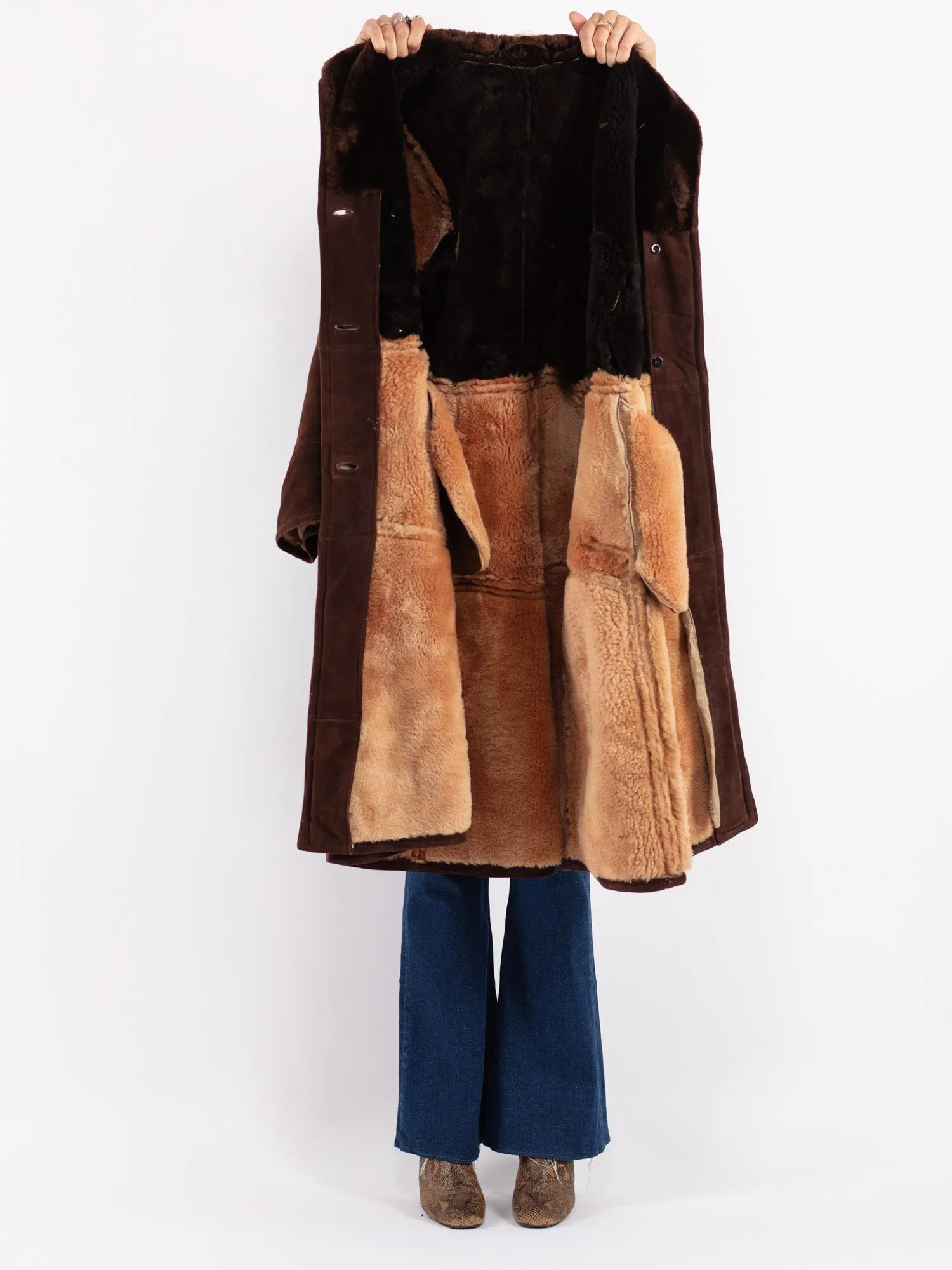 Vintage 70's Women Sheepskin Long Coat in Brown