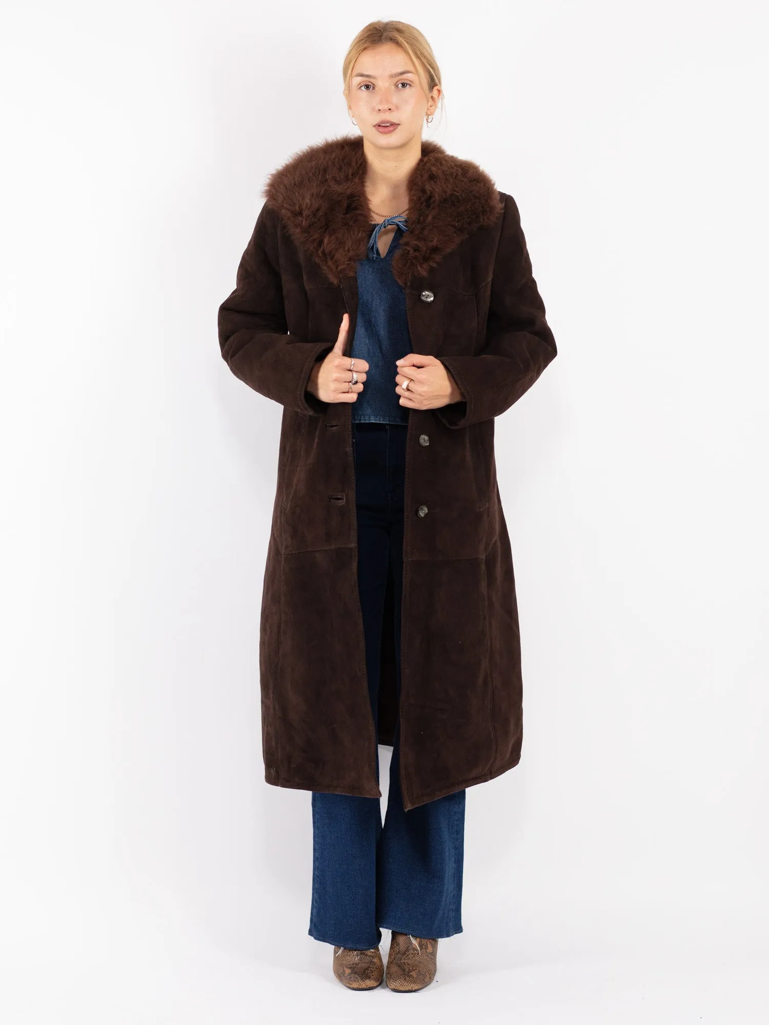 Vintage 70's Women Sheepskin Shearling Long Coat in Brown