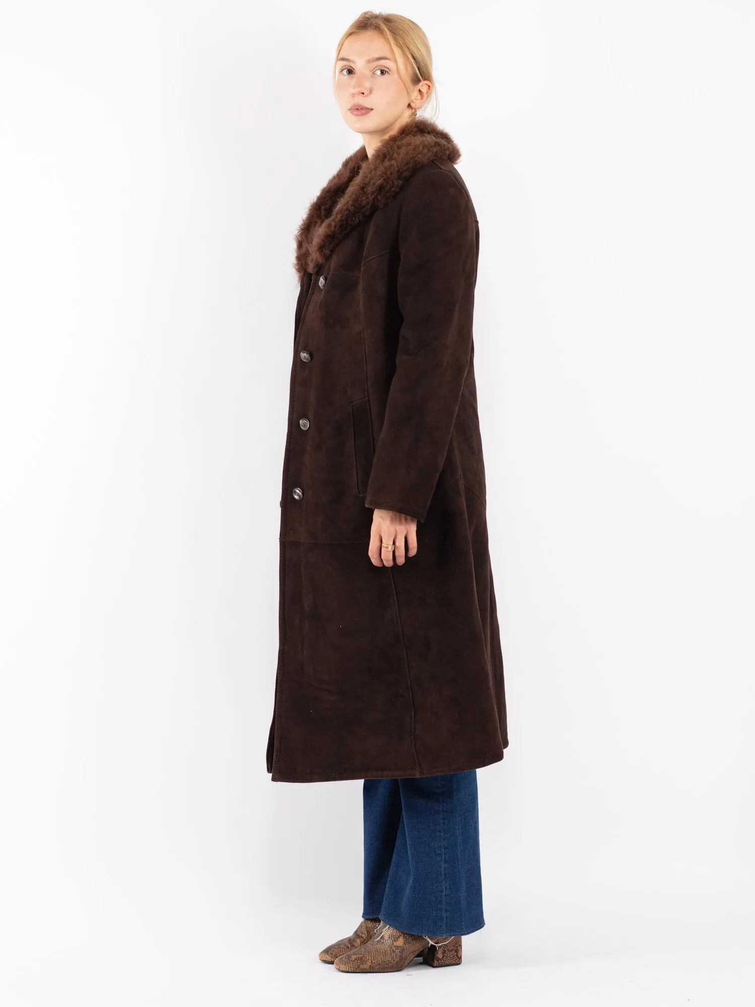 Vintage 70's Women Sheepskin Shearling Long Coat in Brown