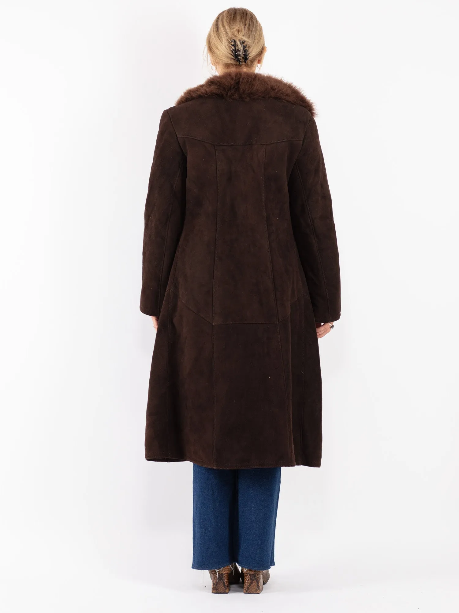 Vintage 70's Women Sheepskin Shearling Long Coat in Brown