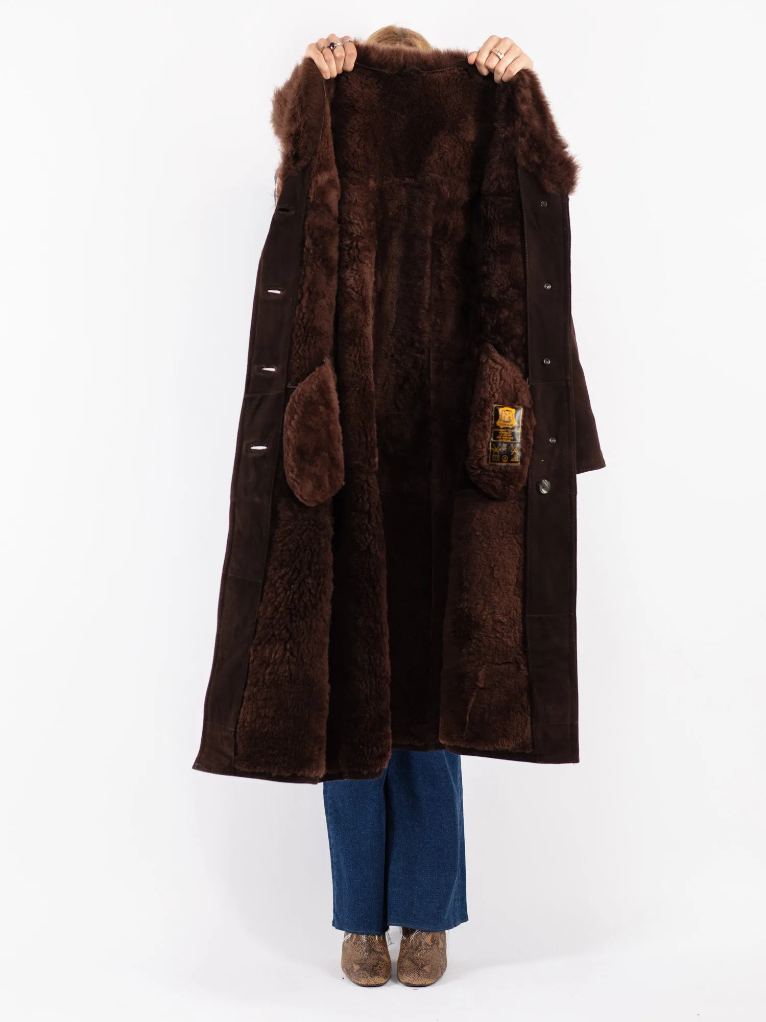 Vintage 70's Women Sheepskin Shearling Long Coat in Brown