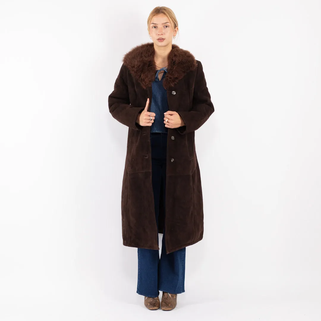 Vintage 70's Women Sheepskin Shearling Long Coat in Brown